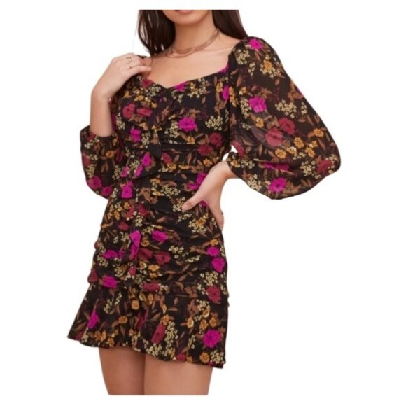 Astr The Label Black-Pink Floral Long Sleeve Ruched Mini Dress S